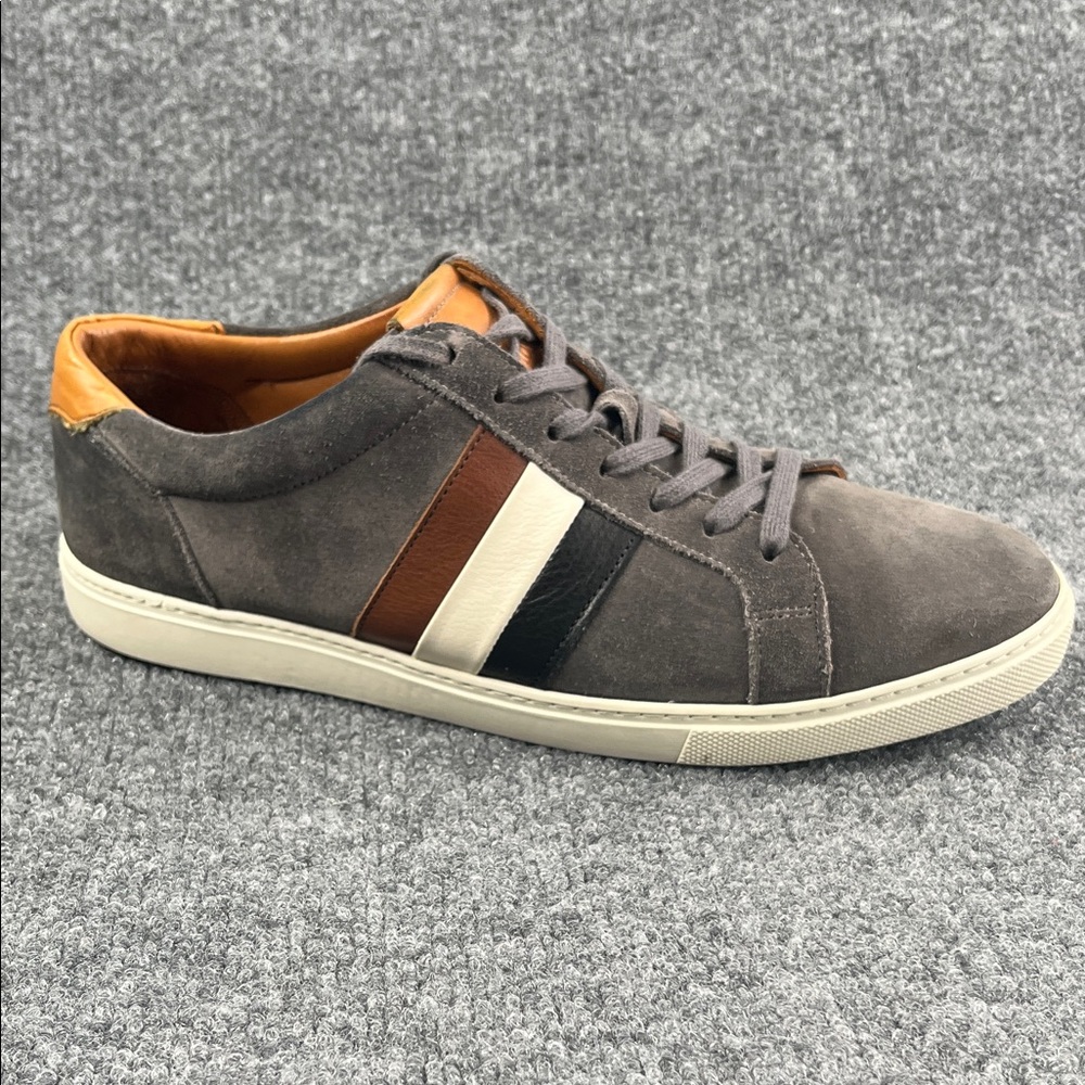 Allen Edmonds Courtside Signature Gray Suede Sneaker with Multi Color Stripes